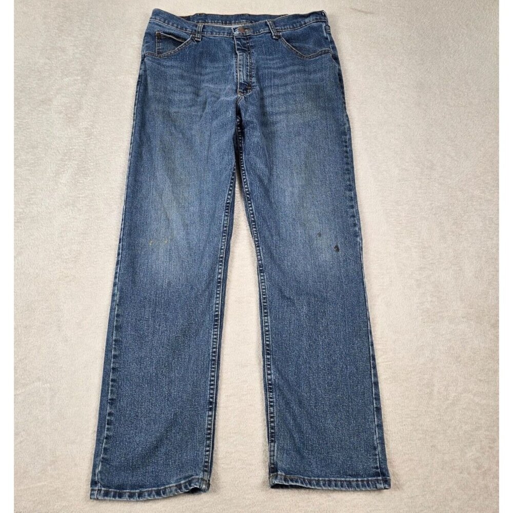 Wrangler Jeans Mens 36x32 Blue Relaxed Fit Denim Distressed Whiskers Classic